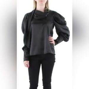 Beulah Drapey Puff Sleeve W/ Scarf Black Satin Blouse